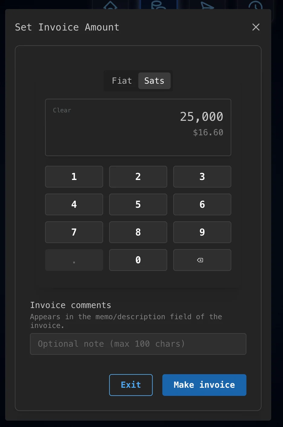 Set invoice amount to 25,000 sats