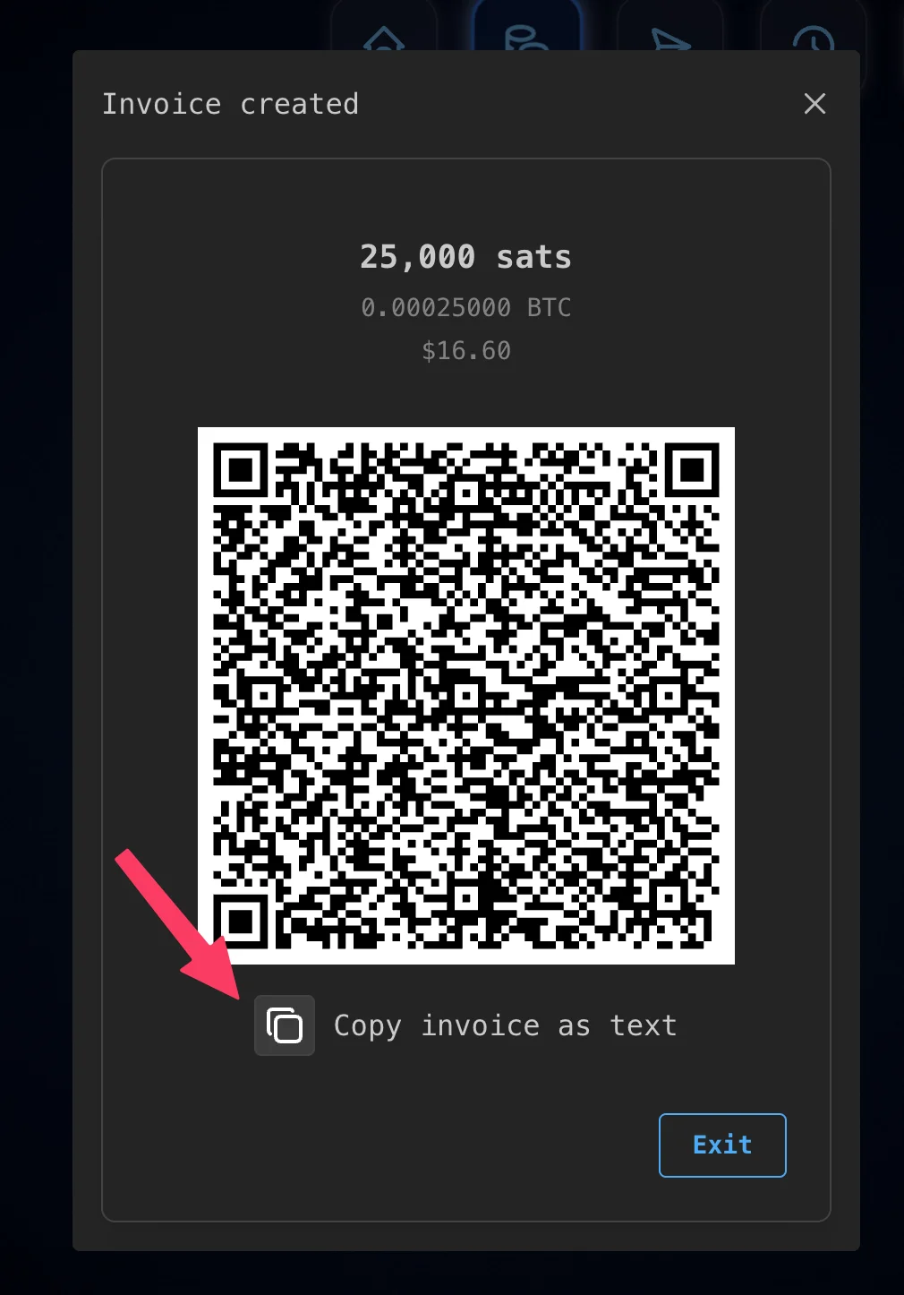 Invoice created — copy the BOLT11 text