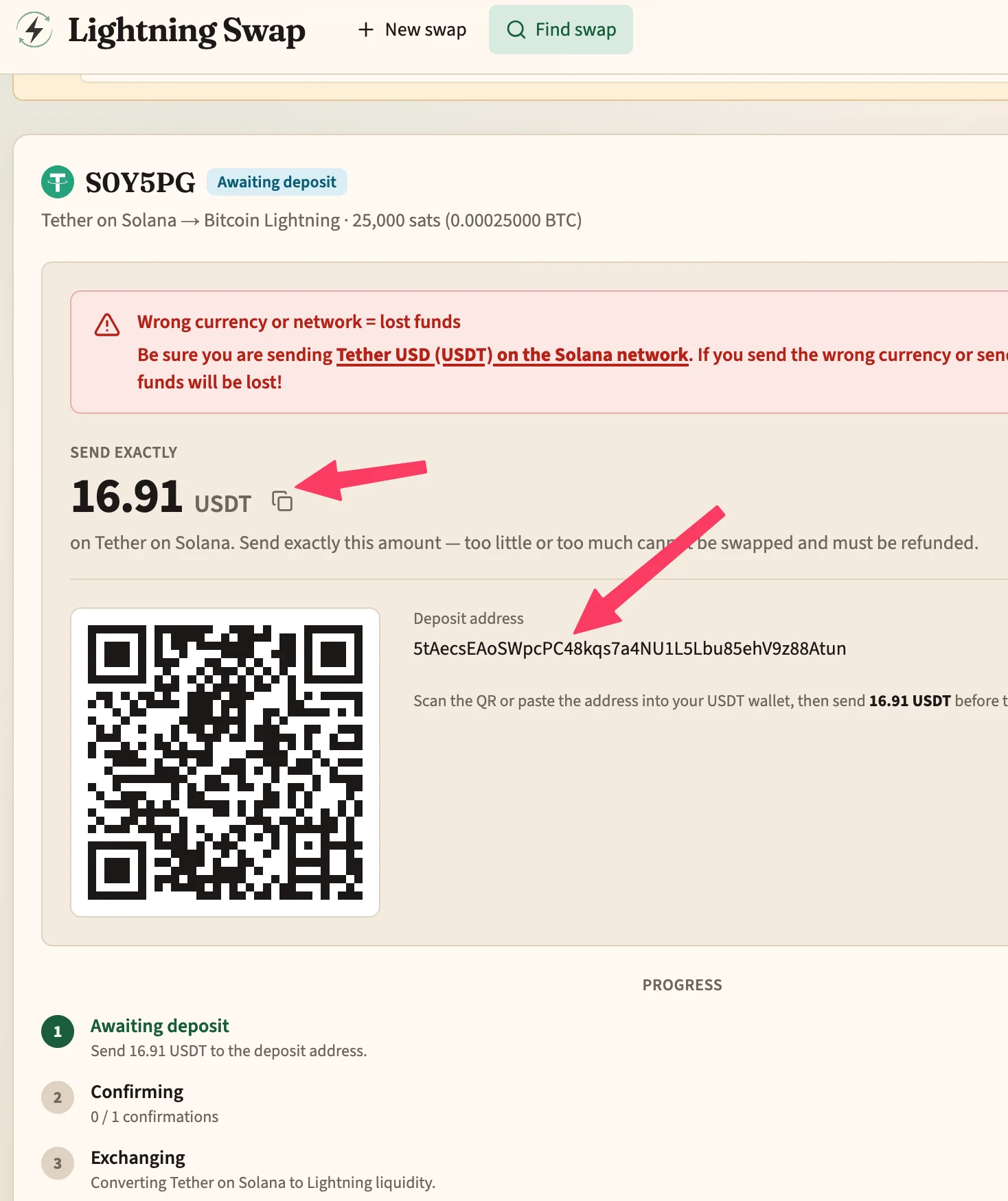 Awaiting deposit — send the exact USDT amount