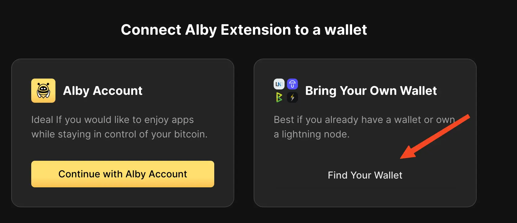Click 'Find your wallet' in the Alby extension