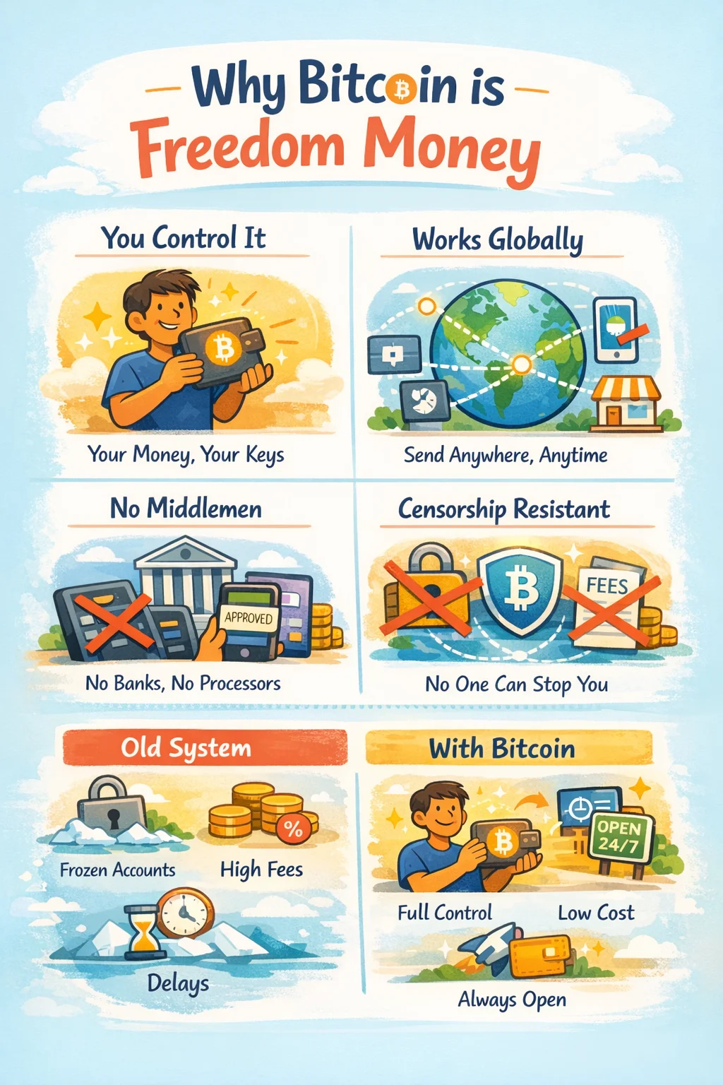 Why Bitcoin is Freedom Money — a one-page visual explainer showing that Bitcoin gives you full control, works globally, has no middlemen, and is censorship resistant