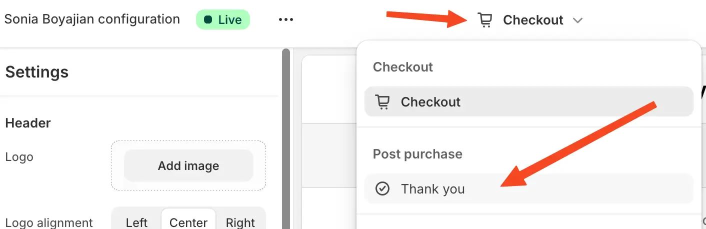 Click "Checkout" in the dropdown, then select "Thank you"