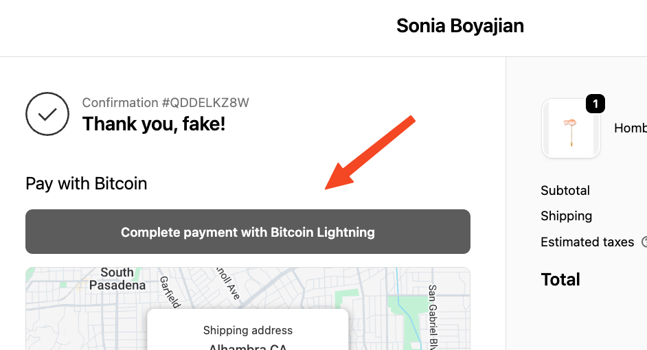 Click the "Complete Payment" button to proceed with the Bitcoin Lightning payment