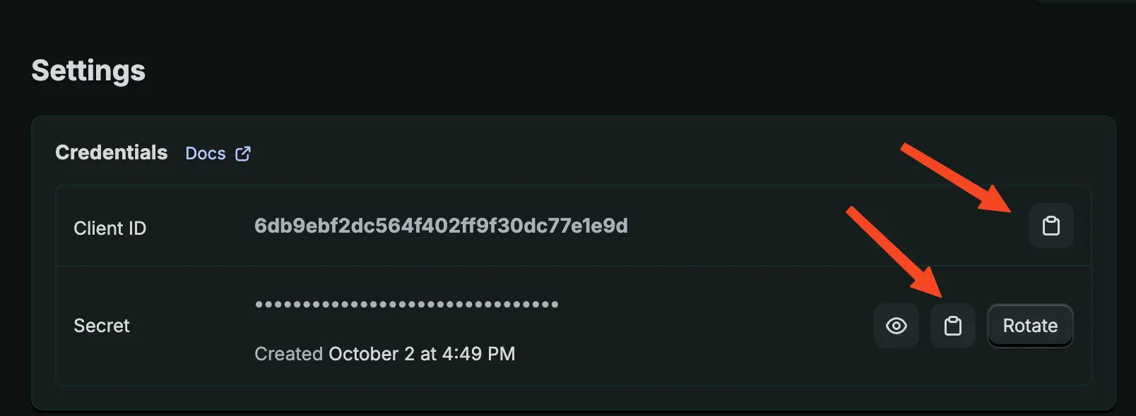 Copy the Client ID and Client Secret from the Credentials section