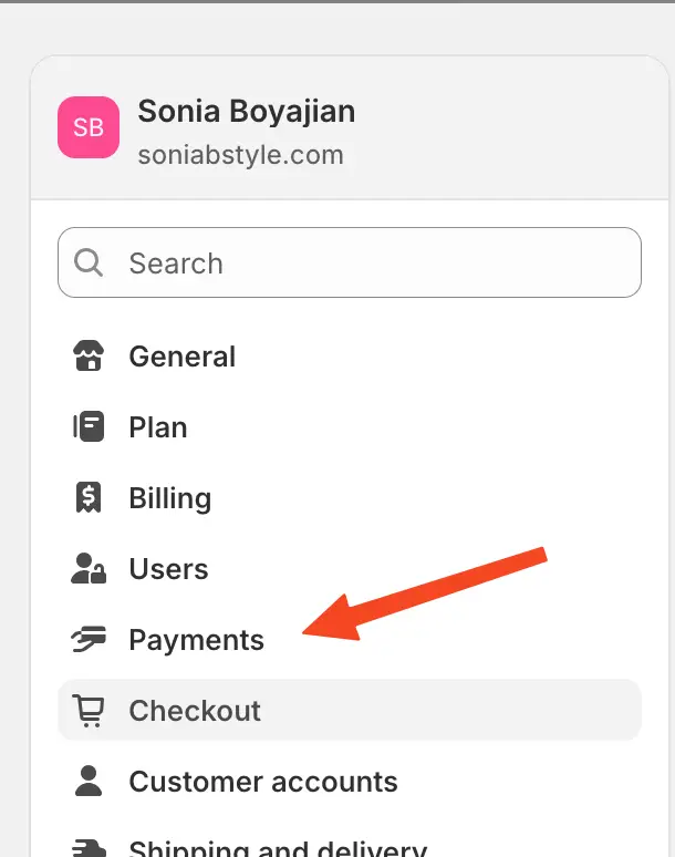 In Settings, click "Payments" in the left sidebar