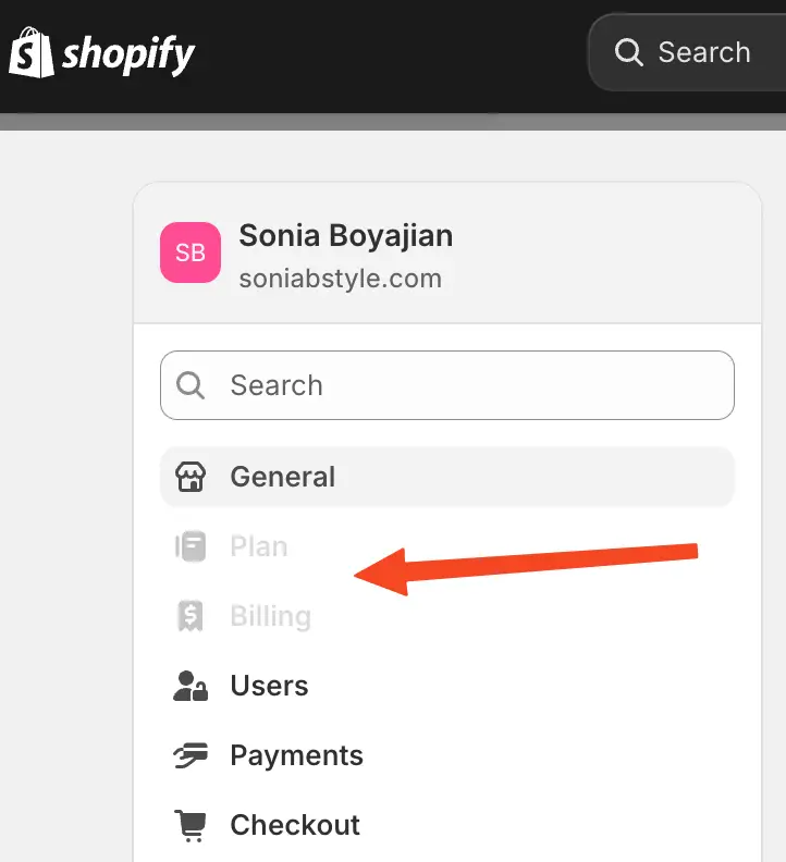 Note: Plan and Billing may be greyed out if you are not logged in as the store owner