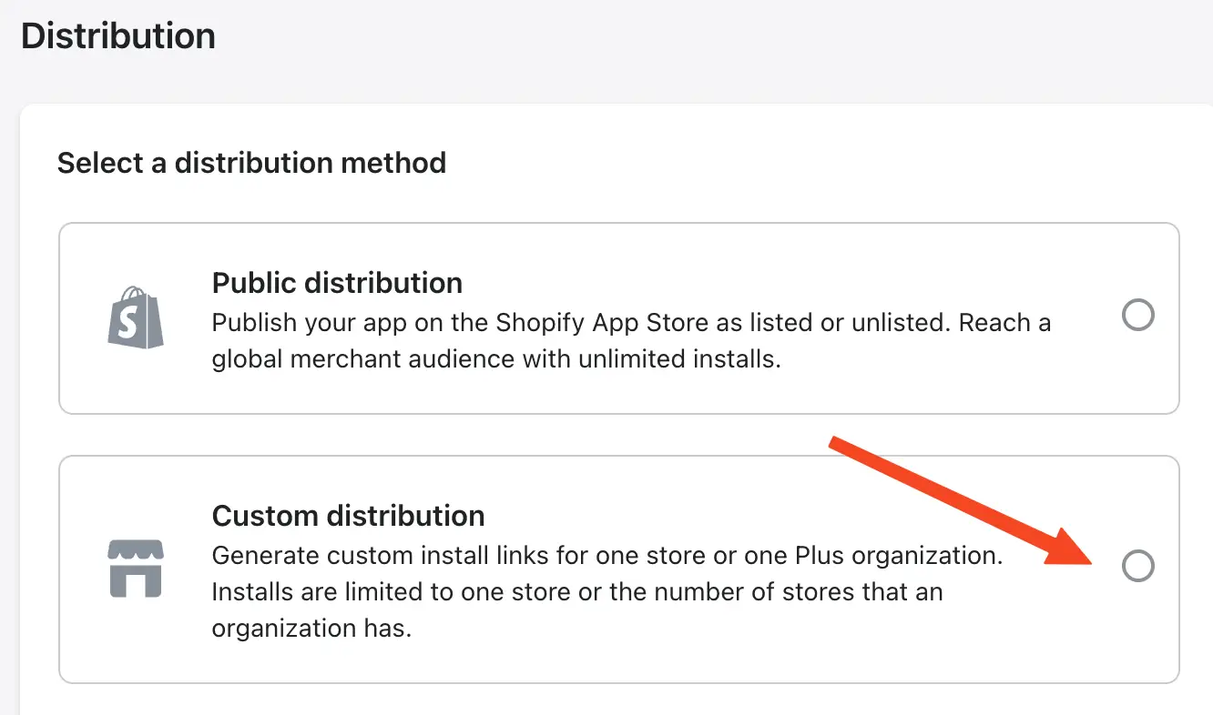 Select "Custom distribution" to create a private app installation link