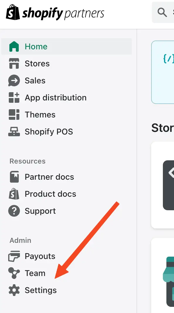 Click "Settings" in the Shopify Partners navigation