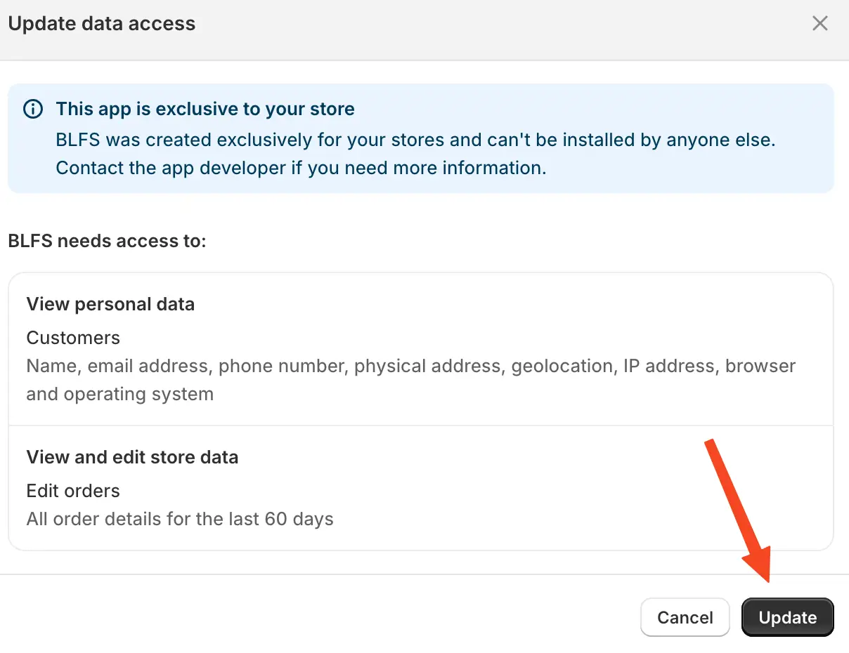 Review the permissions and click "Update" to proceed