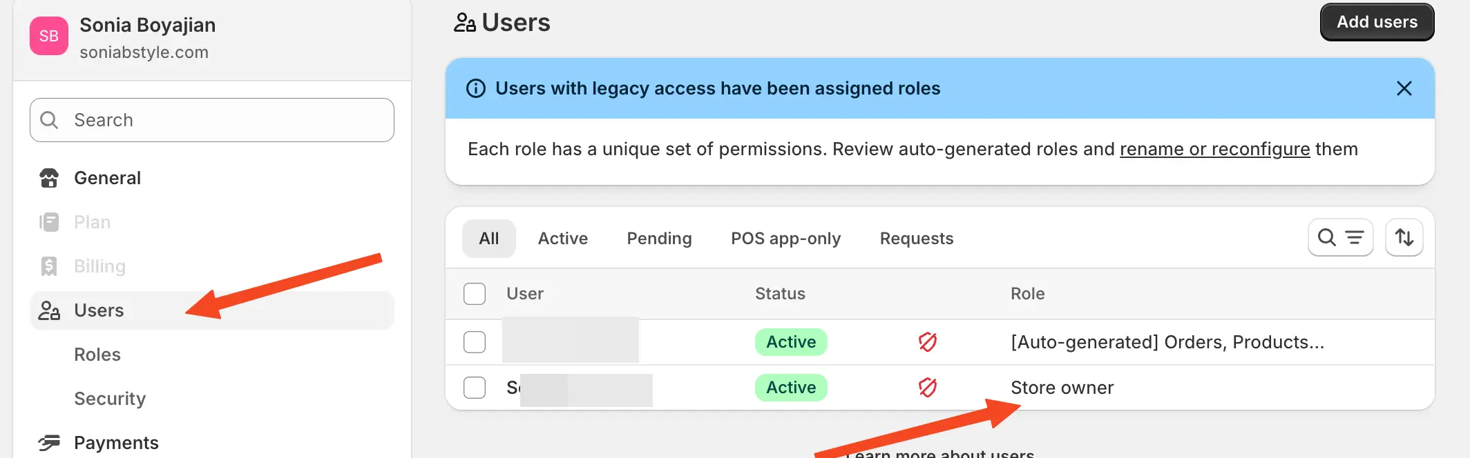 Click "Users" in the left sidebar to find out who the store owner is
