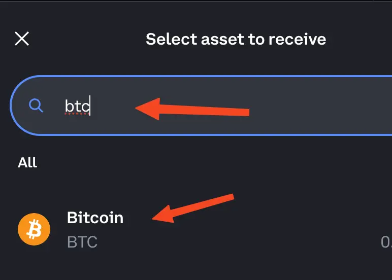 Search for 'btc' and select actual Bitcoin (not Base, not cbBTC, BITCOIN)