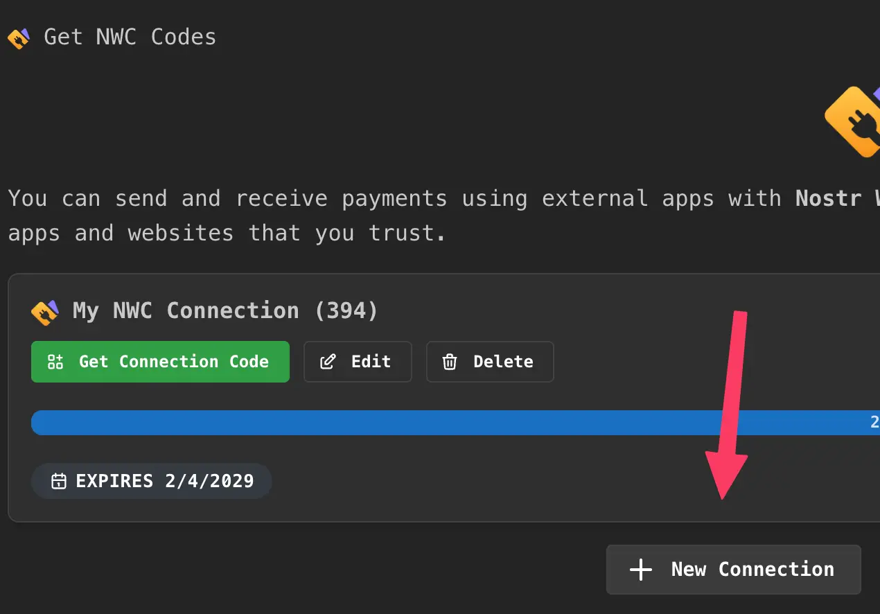 Tap '+ New Connection' to create a new NWC code