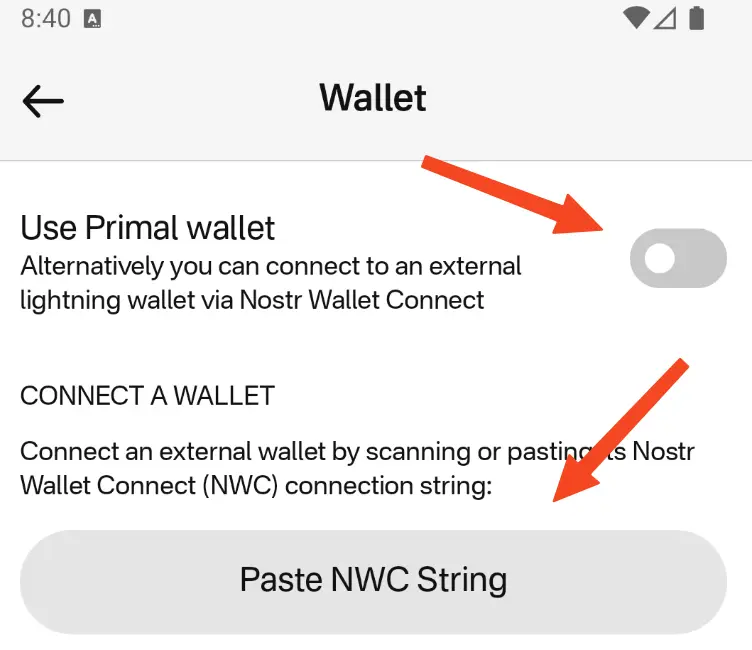 Uncheck 'Use Primal Wallet' and tap 'Paste NWC String'