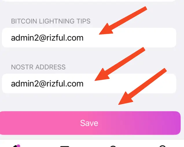 Add your Rizful address to both 'BITCOIN LIGHTNING TIPS' and 'NOSTR ADDRESS' fields