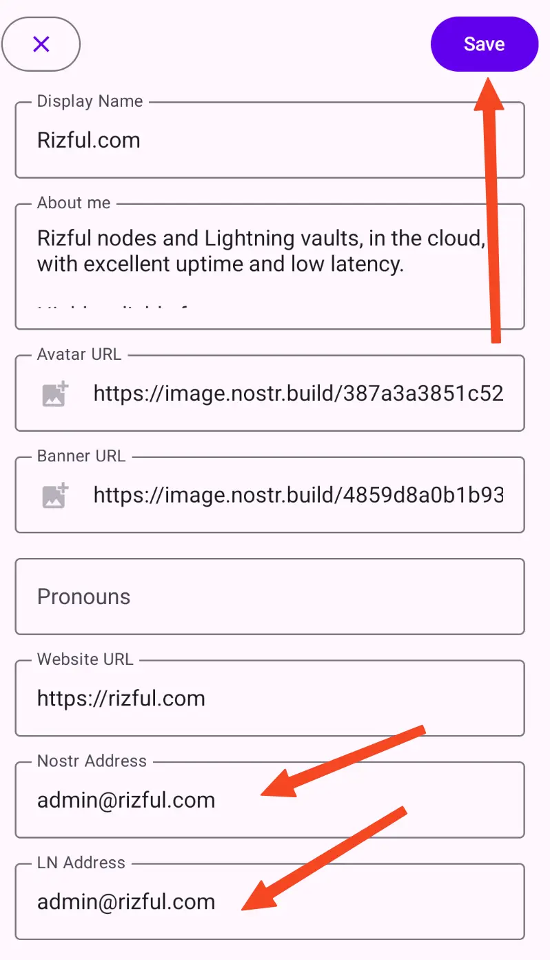 Add your Rizful Lightning address to both 'Nostr Address' and 'LN Address' fields, then save