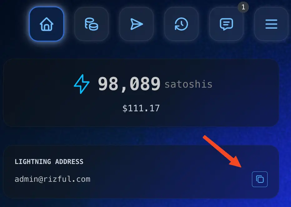 Copy your Rizful Lightning address to your clipboard.