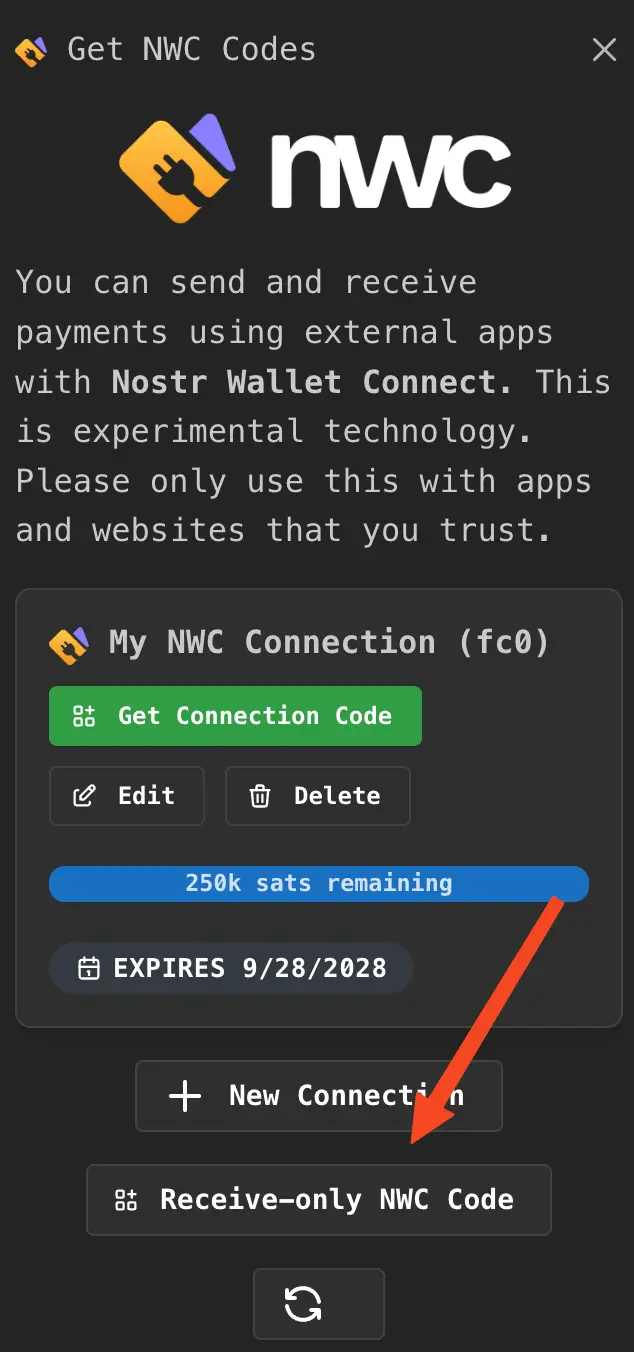 Tap 'Receive-only NWC Code' to create a new connection