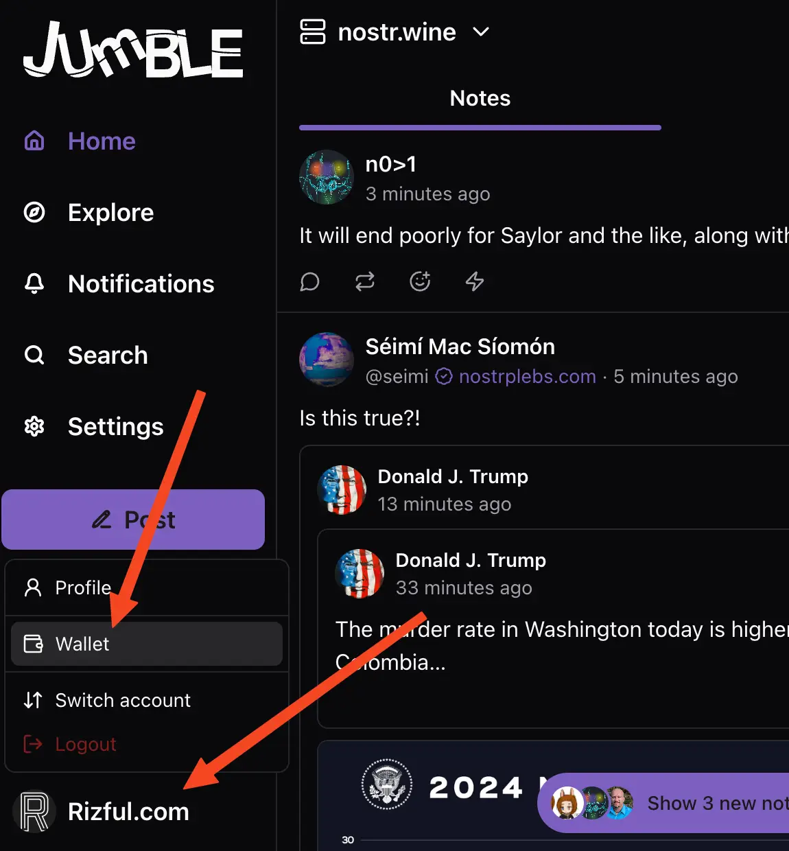Tap your profile name at the bottom-left, then go to 'Wallet'
