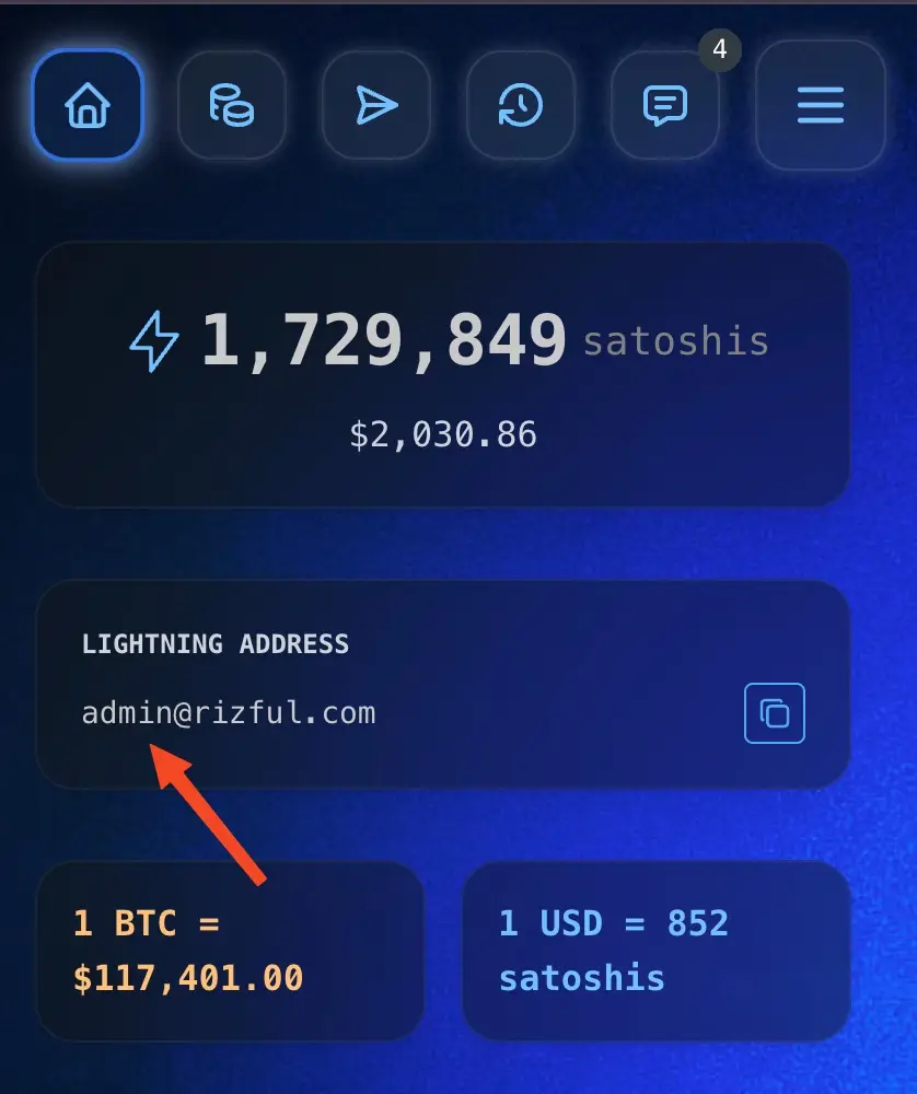 Make a note of the first half of your Rizful Lightning Address -- like here, the first half is 'admin'