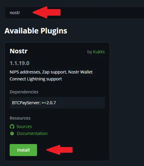 Search for the 'Nostr' plugin, then click 'install'
