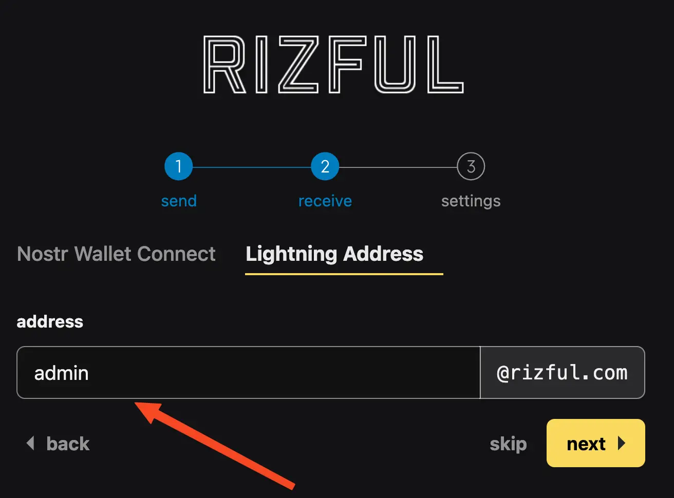 Add the FIRST HALF of your Rizful Lightning address here