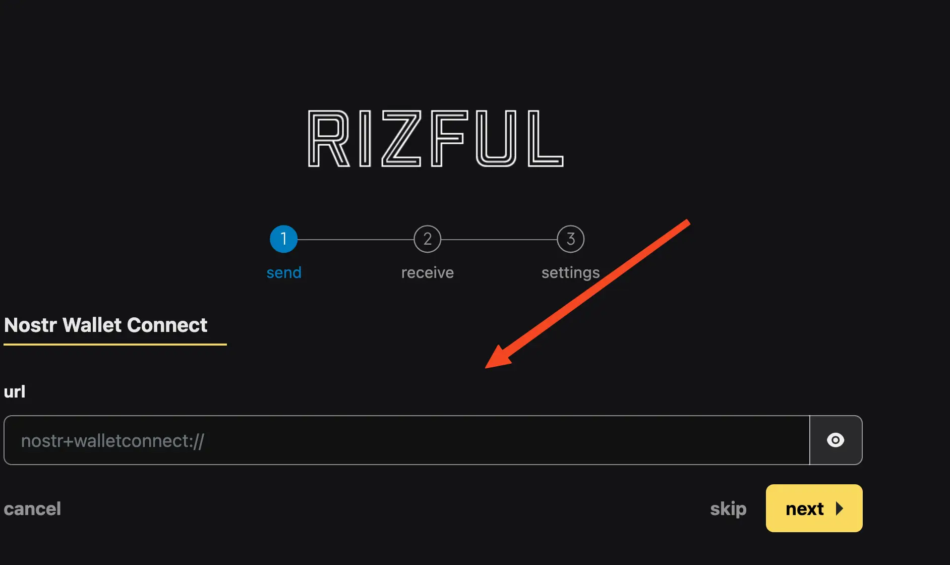 Paste your Rizful connection code in the Nostr Wallet Connect URL field
