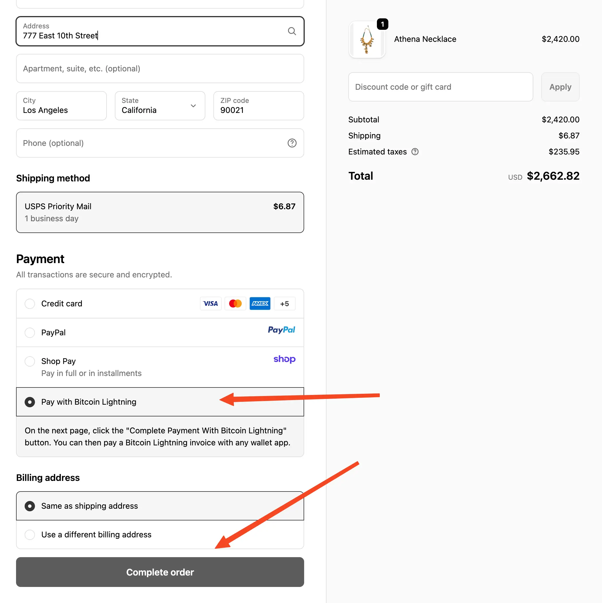 Select Pay with Bitcoin Lightning at checkout