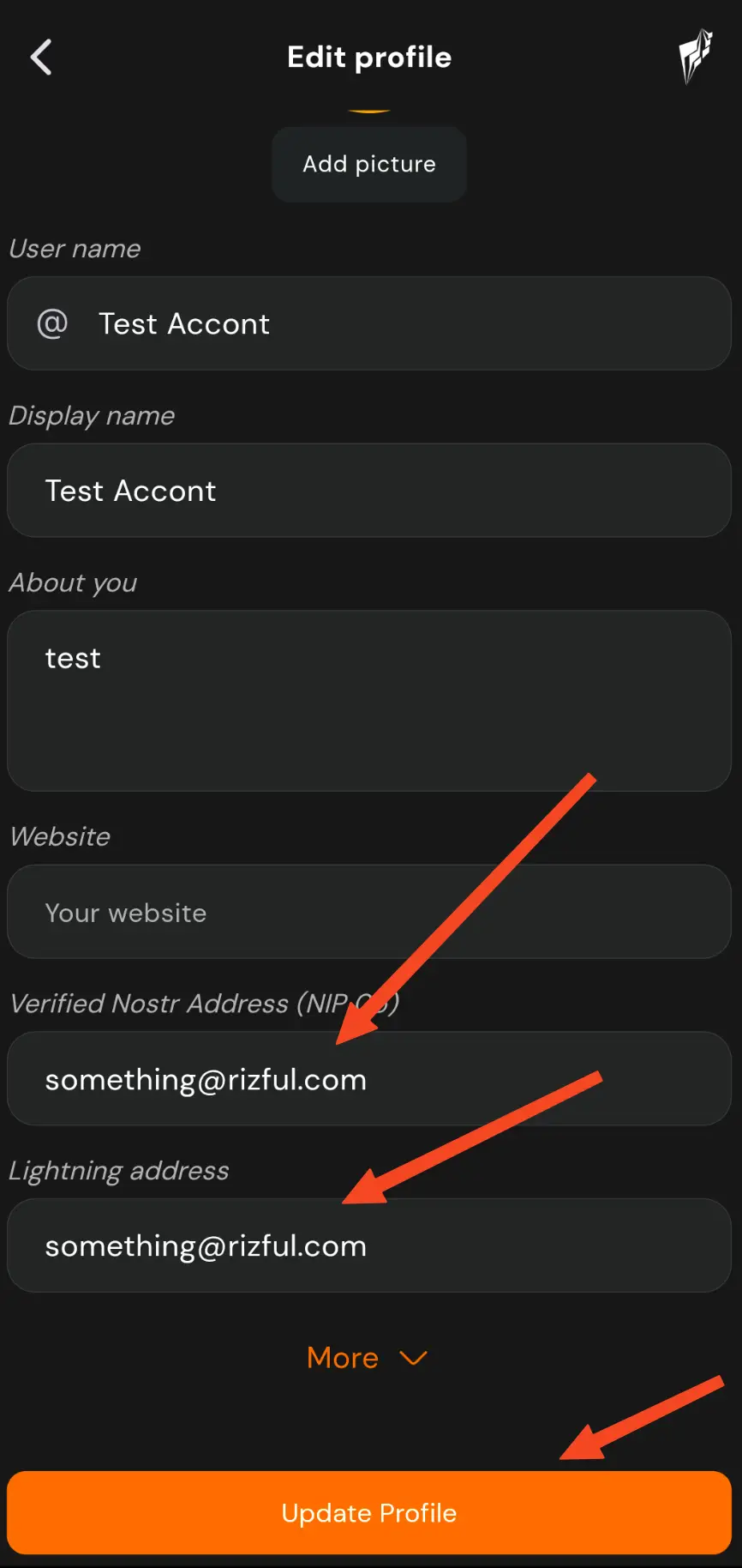 Paste your Rizful Lightning and NIP-05 addresses, then save